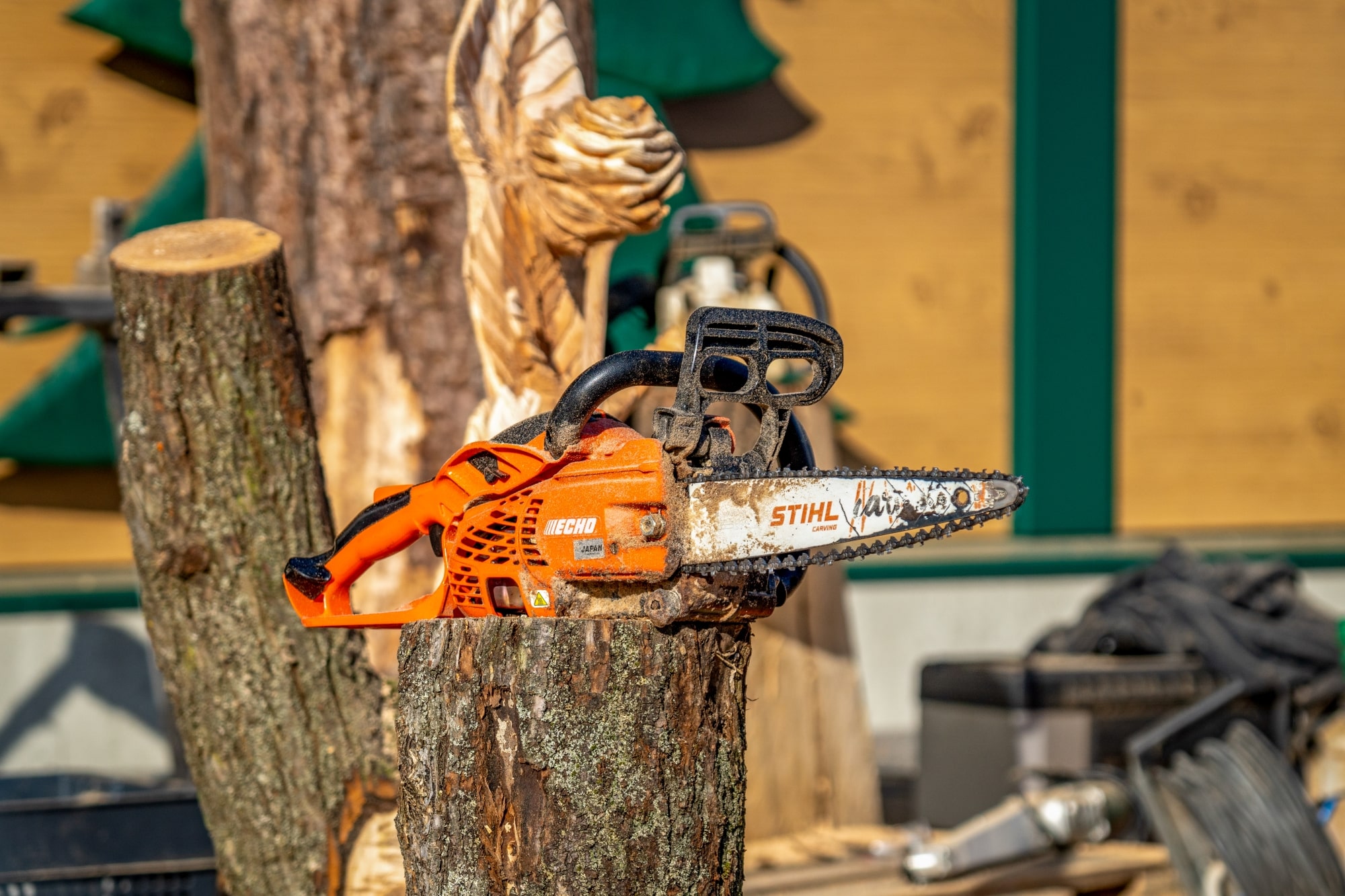 Eine orangefarbene Motorsäge der Marke Meicho mit einer Stihl-Carving-Schiene liegt quer auf einem Baumstamm. Im Hintergrund sind weitere Holzstämme, eine teilweise sichtbare Holzskulptur und Werkzeuge zu sehen. Die Szene spielt sich in einer sonnigen Außenumgebung ab, vermutlich bei einer Holzschnitzveranstaltung.