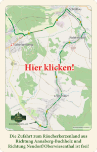 eine Straßenkarte, auf der die Umleitung aus Richtung Zwönitz / Stollberg in grün dargestellt ist. Diese geht über Schlettau, Walthersdorf, Crottendorf. in Scheibenberg ist die B101 gesperrt.
